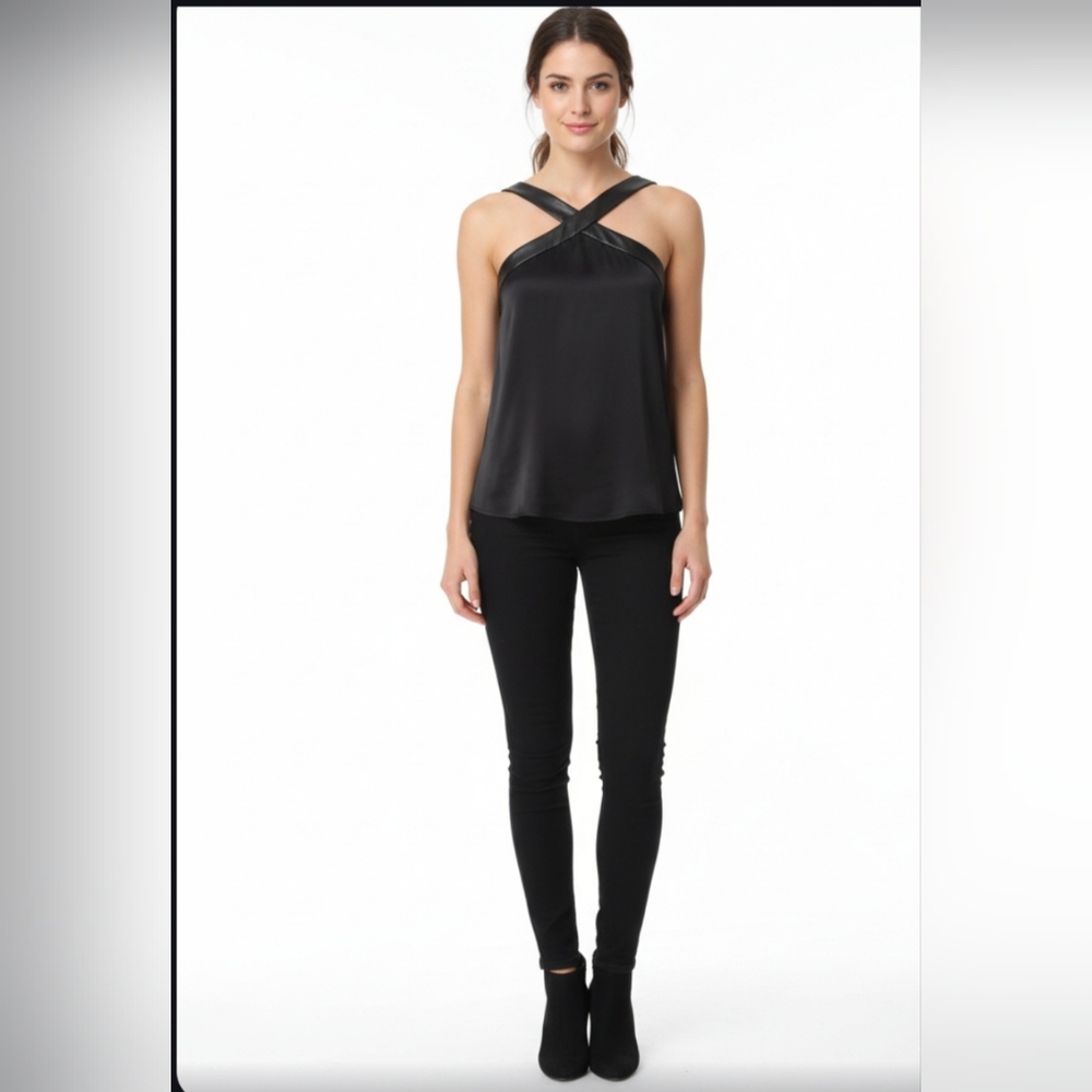 Guess Black Faux Leather Satin Criss Cross Neckline Cutout Back Top NWOT Small